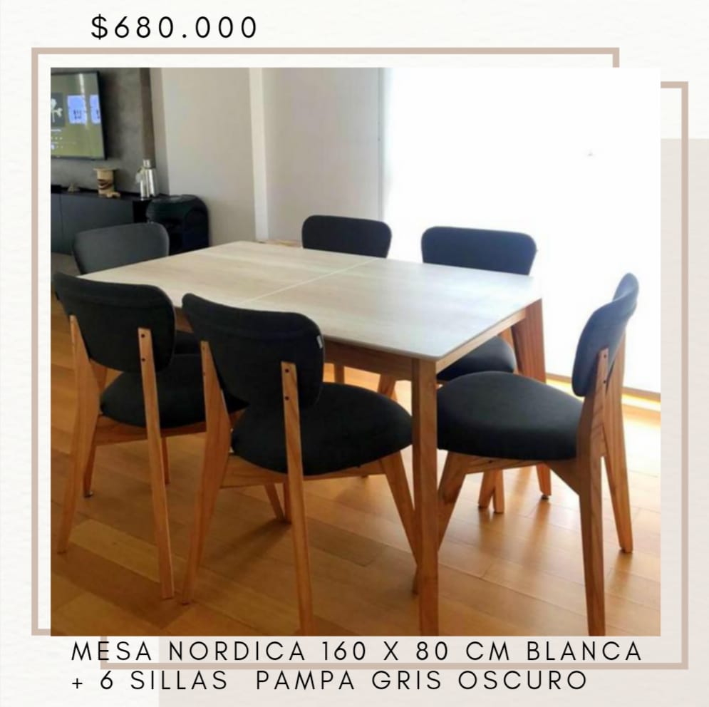 Mesa NORDICA 160 x 80 cm +6 sillas pampa color gris onix, Deco Home