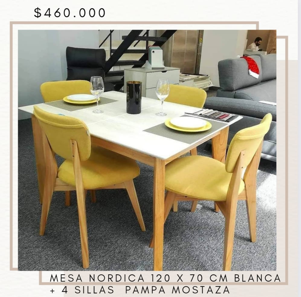 Mesa NORDICA 120 x 70 cm + 4 sillas pampa color mostaza, Deco Home